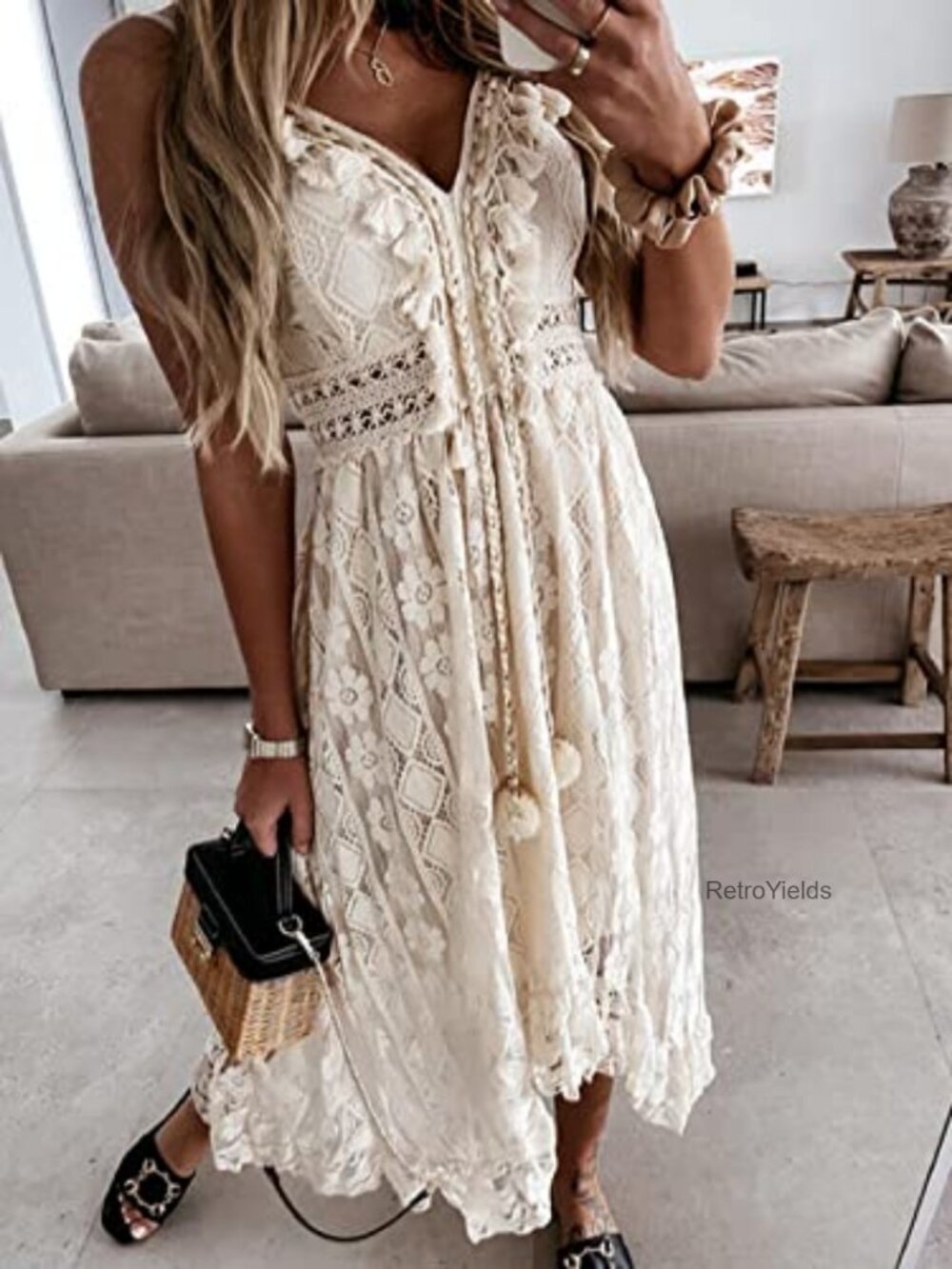 Sleeveless Lace Tassel Beach Maxi Dress Spaghetti Straps Flowy Casual - Picture 5 of 7